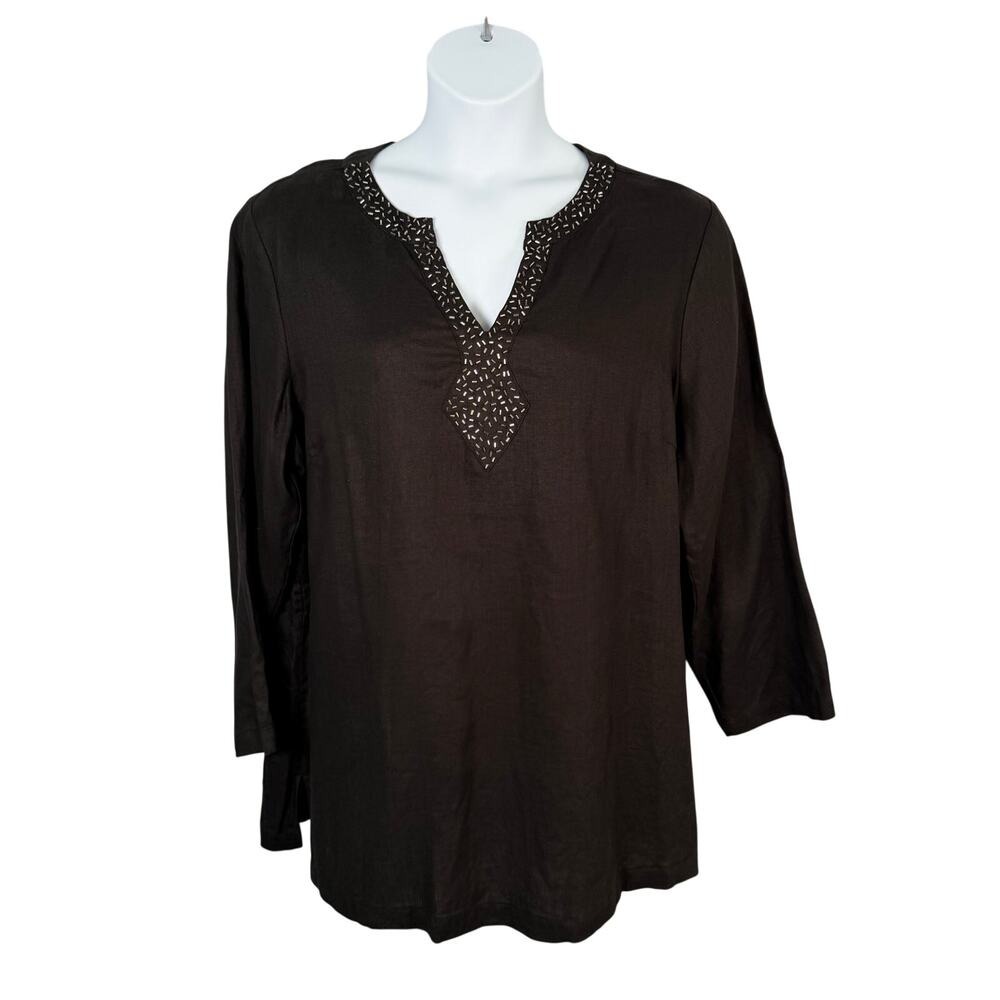 Gillian Grey Top Womens Plus‎ 1X Black Beaded Split Neckline 100% Linen Tunic